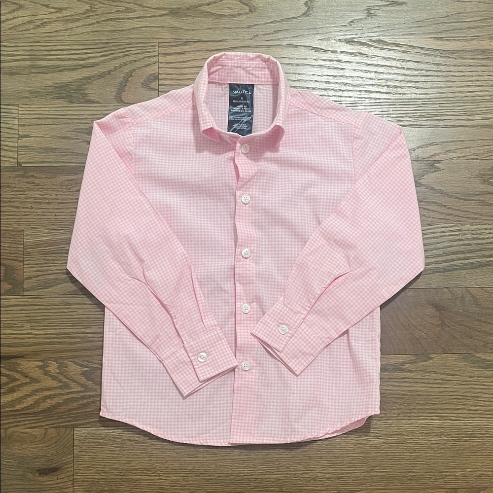 Nautica boys size 5 pink/white gingham button down EUC